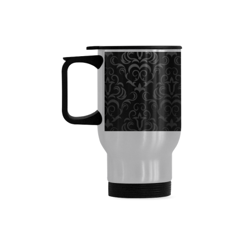 Black Grey Damasks Frame Monogram Initial Travel Mug (Silver) (14 Oz)