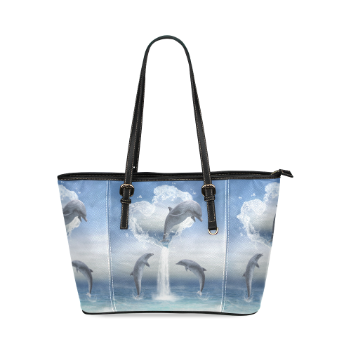 The Heart Of The Dolphins Leather Tote Bag/Large (Model 1640)