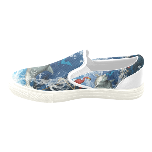 Dolphin with flamingo Women's Unusual Slip-on Canvas Shoes (Model 019)