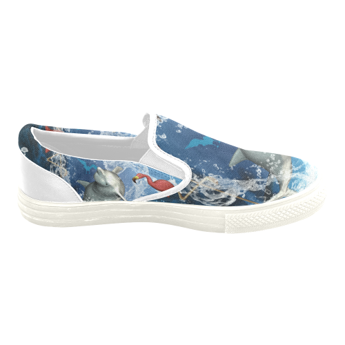 Dolphin with flamingo Women's Unusual Slip-on Canvas Shoes (Model 019)