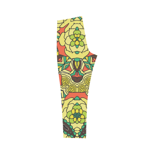 Mariger, Retro Yellow orange and green rose Capri Legging (Model L02)