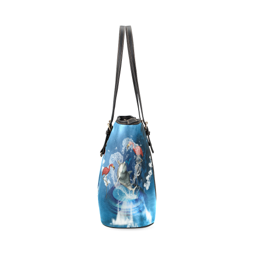 Dolphin with flamingo Leather Tote Bag/Large (Model 1640)