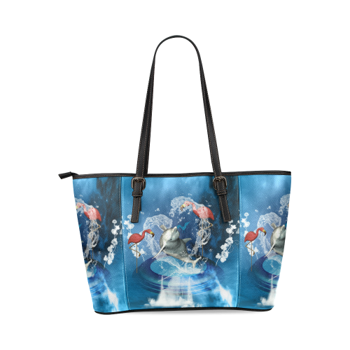 Dolphin with flamingo Leather Tote Bag/Large (Model 1640)