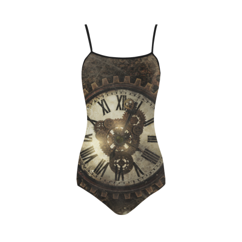 Vintage Steampunk Clocks Strap Swimsuit ( Model S05)