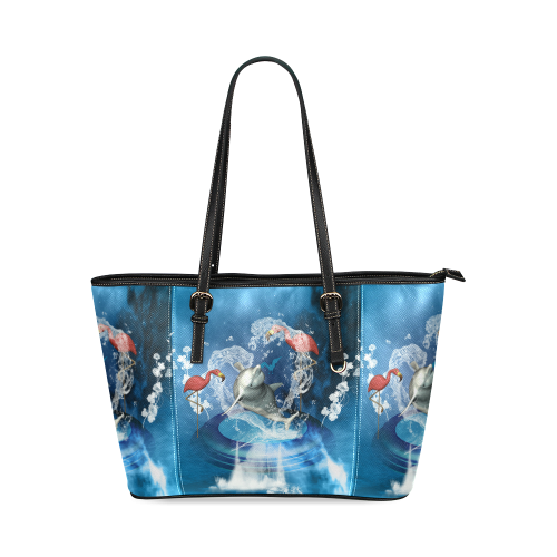 Dolphin with flamingo Leather Tote Bag/Large (Model 1640)