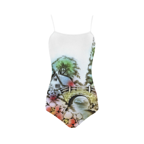 Vintage Home and Flower Garden with Bridge Strap Swimsuit ( Model S05)