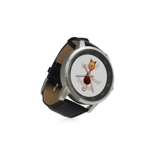 Treble Clef Cat Unisex Stainless Steel Leather Strap Watch(Model 202)