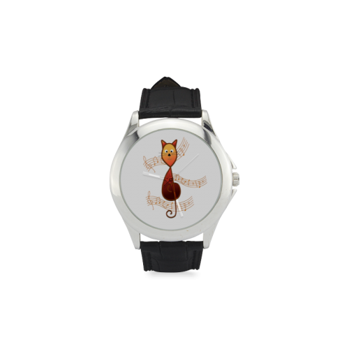 Treble Clef Cat Women's Classic Leather Strap Watch(Model 203)