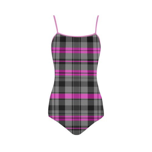 black pink and gray plaid 2 Strap Swimsuit ( Model S05)