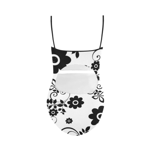 black and white floral Strap Swimsuit ( Model S05)