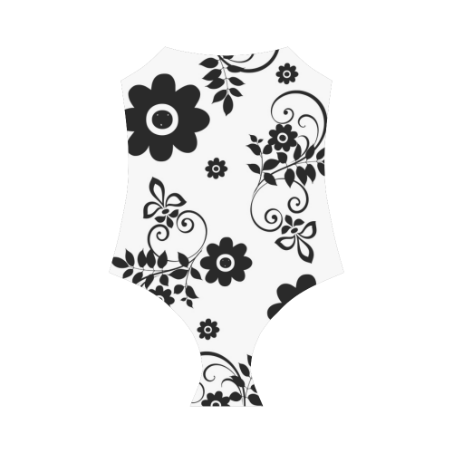 black and white floral Strap Swimsuit ( Model S05)