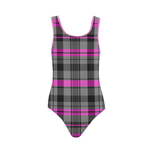 black pink and gray plaid 2 Vest One Piece Swimsuit (Model S04)