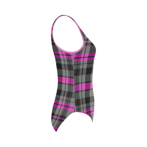 black pink and gray plaid 2 Vest One Piece Swimsuit (Model S04)