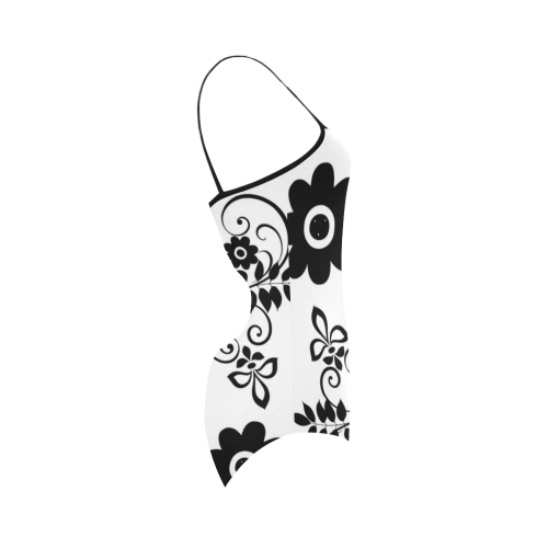 black and white floral Strap Swimsuit ( Model S05)