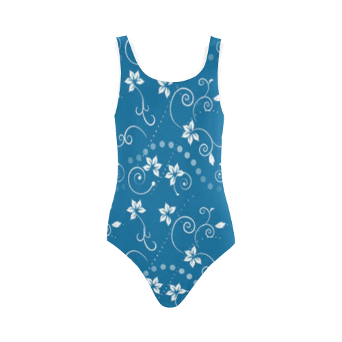 Blue and White Floral Vest One Piece Swimsuit (Model S04)