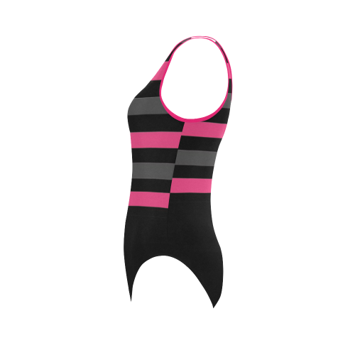 black gray and pink stripes Vest One Piece Swimsuit (Model S04)