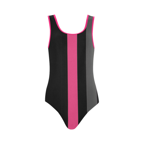 black gray and pink stripes 2 Vest One Piece Swimsuit (Model S04)