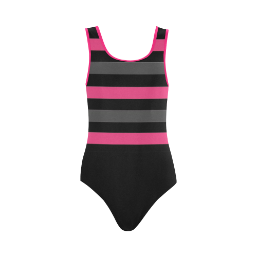 black gray and pink stripes Vest One Piece Swimsuit (Model S04)