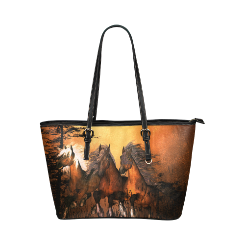 Horses Leather Tote Bag/Small (Model 1651)