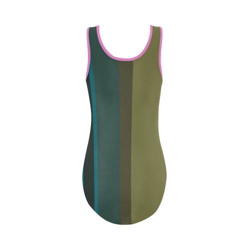 pink teal and olive stripes Vest One Piece Swimsuit (Model S04)