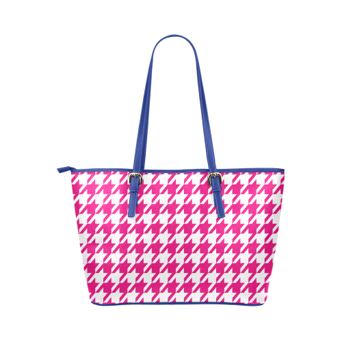 hot pink  and white houndstooth classic pattern Leather Tote Bag/Large (Model 1651)