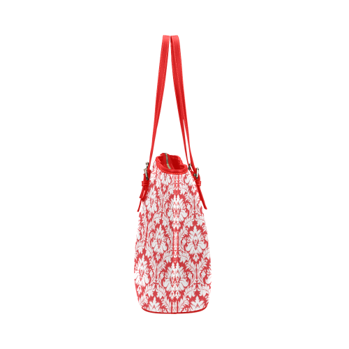 damask pattern red and white Leather Tote Bag/Large (Model 1651)