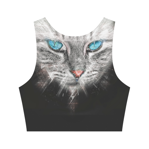 Silver Abstract Cat Face with blue Eyes Women's Crop Top (Model T42)