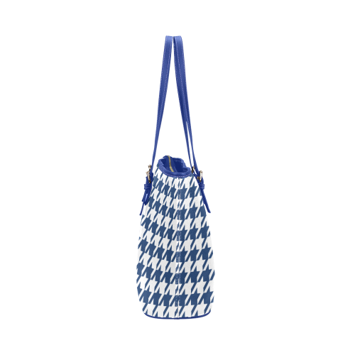 dark blue and white houndstooth classic pattern Leather Tote Bag/Large (Model 1651)