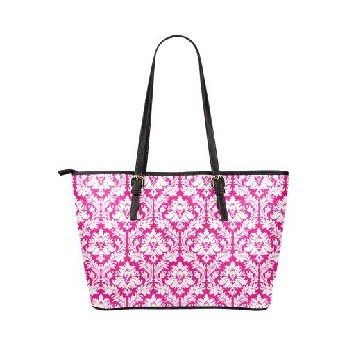 damask pattern hot pink and white Leather Tote Bag/Small (Model 1651)