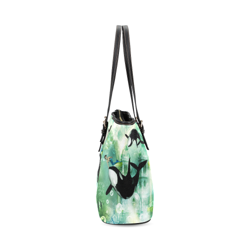 Orca with mermaid Leather Tote Bag/Large (Model 1640)