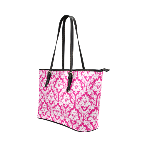 damask pattern hot pink and white Leather Tote Bag/Small (Model 1651)