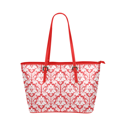 damask pattern red and white Leather Tote Bag/Large (Model 1651)