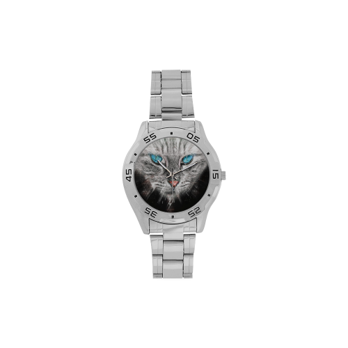 Silver Abstract Cat Face with blue Eyes Men's Stainless Steel Analog Watch(Model 108)