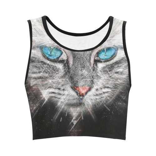 Silver Abstract Cat Face with blue Eyes Women's Crop Top (Model T42)