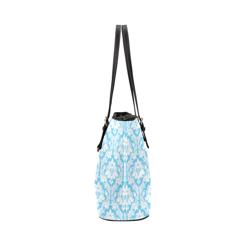 damask pattern bright blue and white Leather Tote Bag/Small (Model 1651)