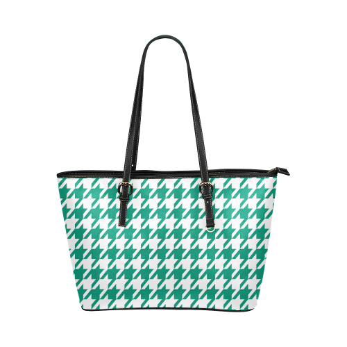 emerald green and white houndstooth classic patter Leather Tote Bag/Small (Model 1651)