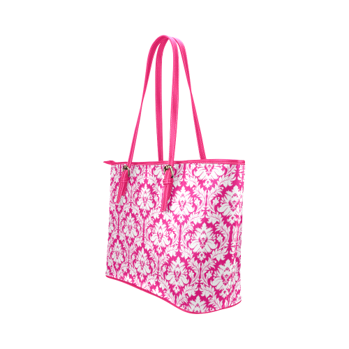 damask pattern hot pink and white Leather Tote Bag/Large (Model 1651)