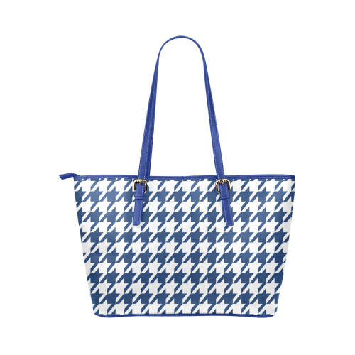 dark blue and white houndstooth classic pattern Leather Tote Bag/Large (Model 1651)