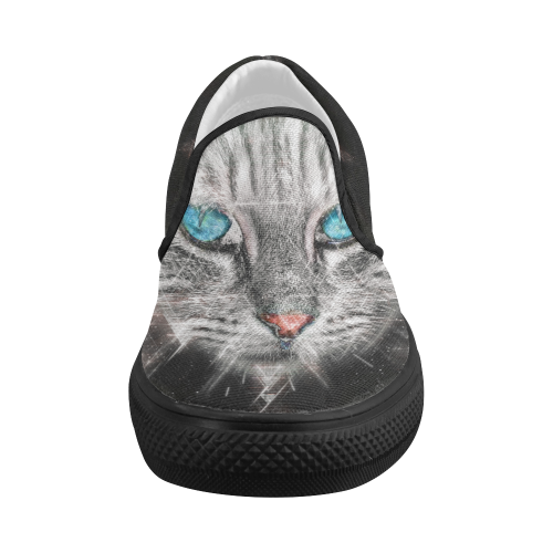 Silver Abstract Cat Face with blue Eyes Women's Slip-on Canvas Shoes (Model 019)