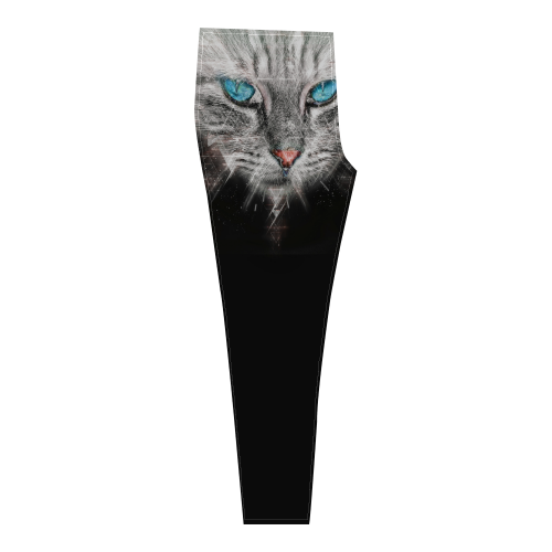 Silver Abstract Cat Face with blue Eyes Cassandra Women's Leggings (Model L01)