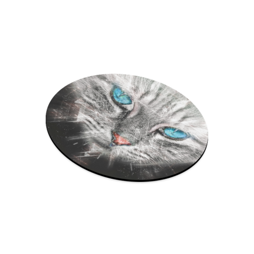 Silver Abstract Cat Face with blue Eyes Round Mousepad