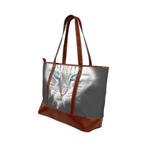 Silver Abstract Cat Face with blue Eyes Tote Handbag (Model 1642)