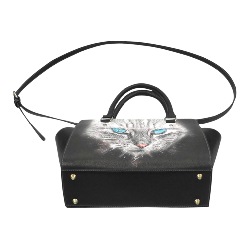 Silver Abstract Cat Face with blue Eyes Classic Shoulder Handbag (Model 1653)