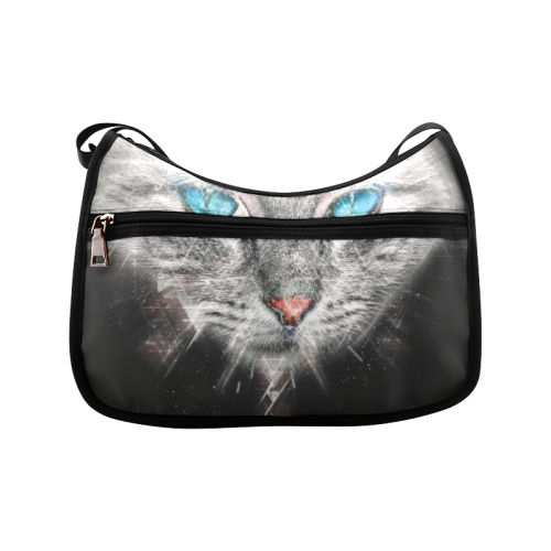 Silver Abstract Cat Face with blue Eyes Crossbody Bags (Model 1616)