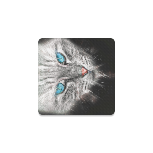 Silver Abstract Cat Face with blue Eyes Square Coaster