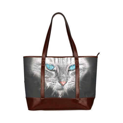 Silver Abstract Cat Face with blue Eyes Tote Handbag (Model 1642)