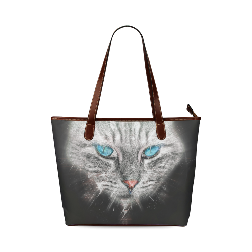 Silver Abstract Cat Face with blue Eyes Shoulder Tote Bag (Model 1646)