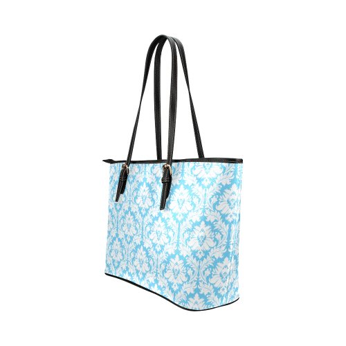 damask pattern bright blue and white Leather Tote Bag/Small (Model 1651)