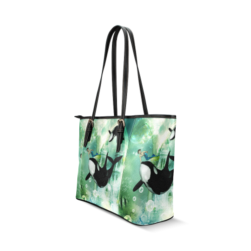 Orca with mermaid Leather Tote Bag/Large (Model 1640)