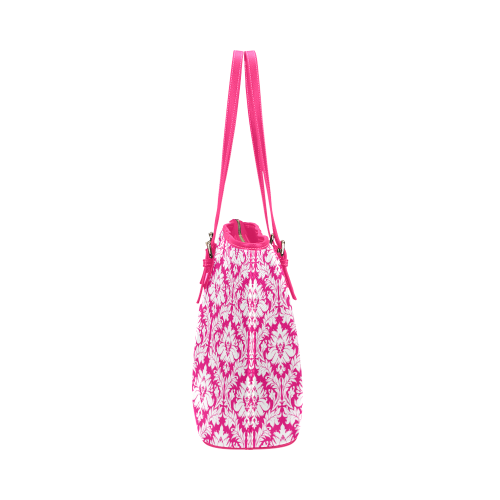 damask pattern hot pink and white Leather Tote Bag/Large (Model 1651)